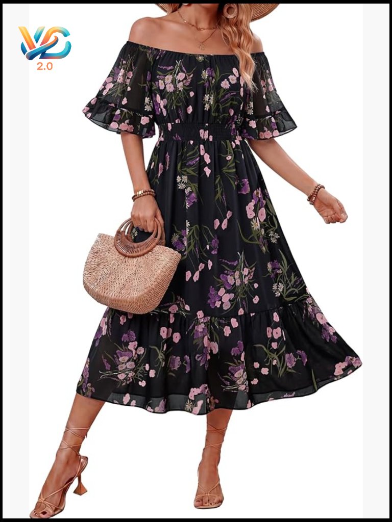 Boho Off Shoulder Midi Dress Ruffle Sleeve Smocked Elastic Waist Flowy